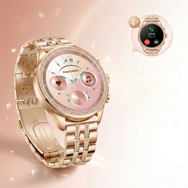 Watches Ladies Smartwatch - สินค้าพิเศษข้ามพรมแดนสำหรับนาฬิกาอัจฉริยะผู้หญิง GEN9 ประดับเพชร สายเหล็กสีโรสโกลด์ พร้อมฟังก์ชันการโทรและตรวจสอบสุขภาพ